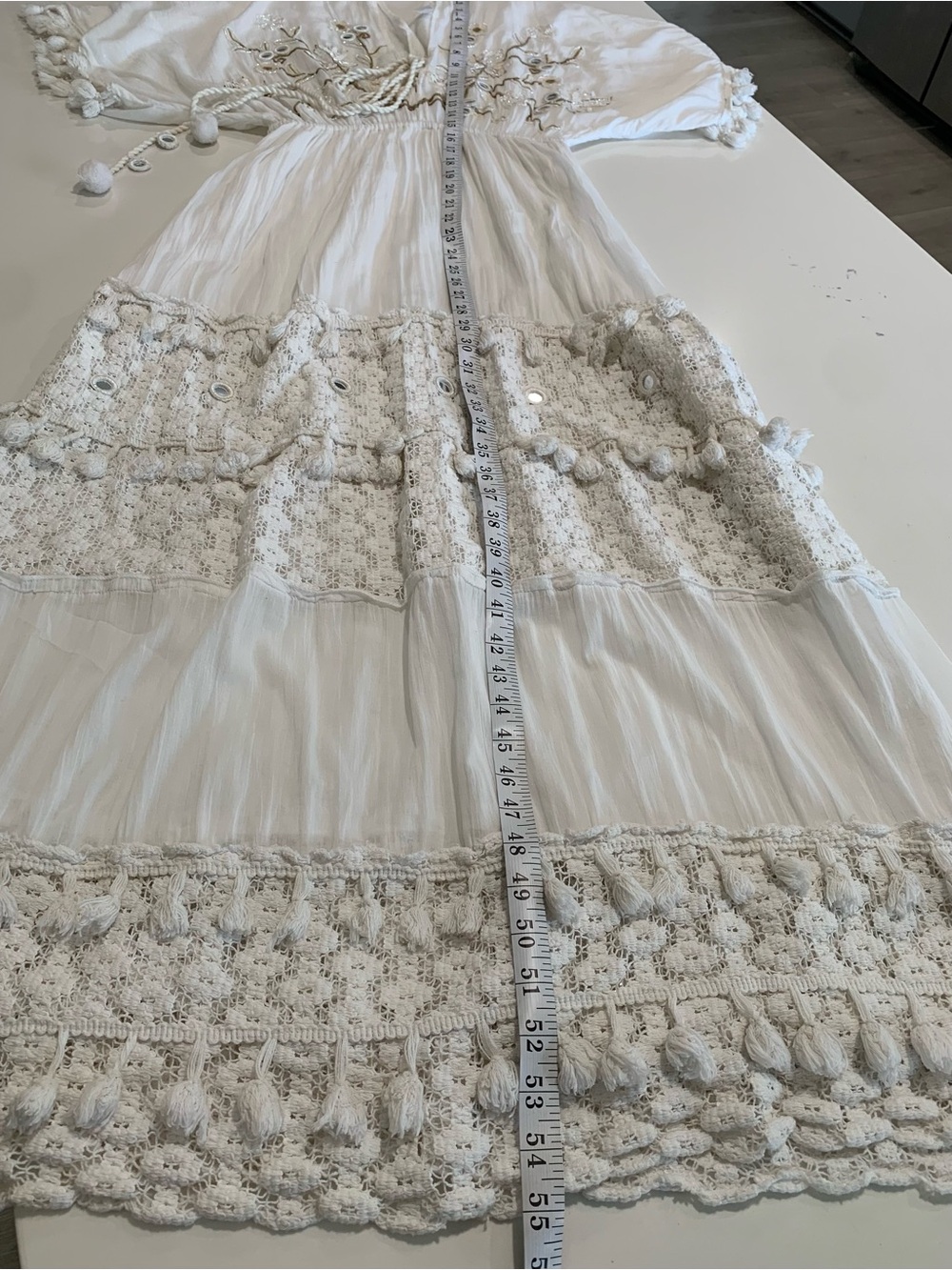 Buby.S Boho White Cotton Maxi Peasant Dress, Embroidered Tiered Mirrors Tassel S - Picture 8 of 10